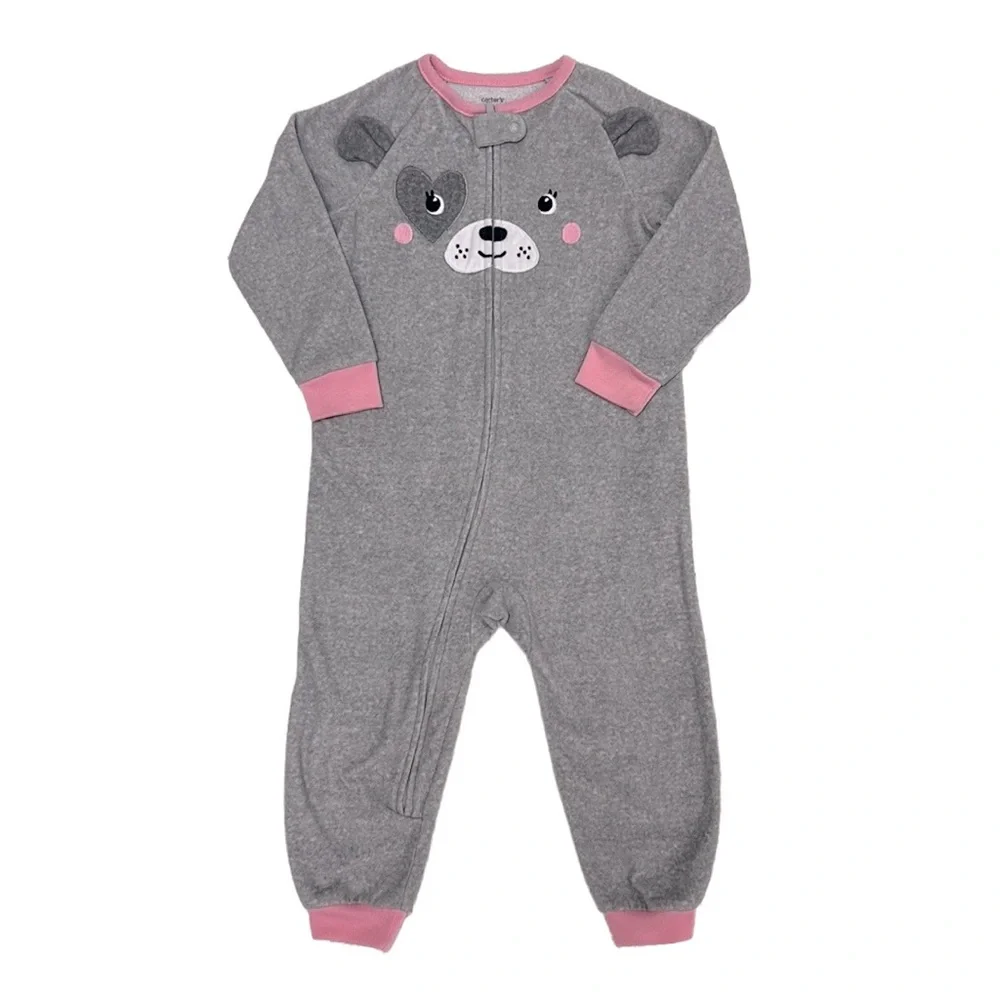 Carter’s | Puppy with Heart/3D Ears Fleece Onesie‎ Zipper Grays Pink Size…